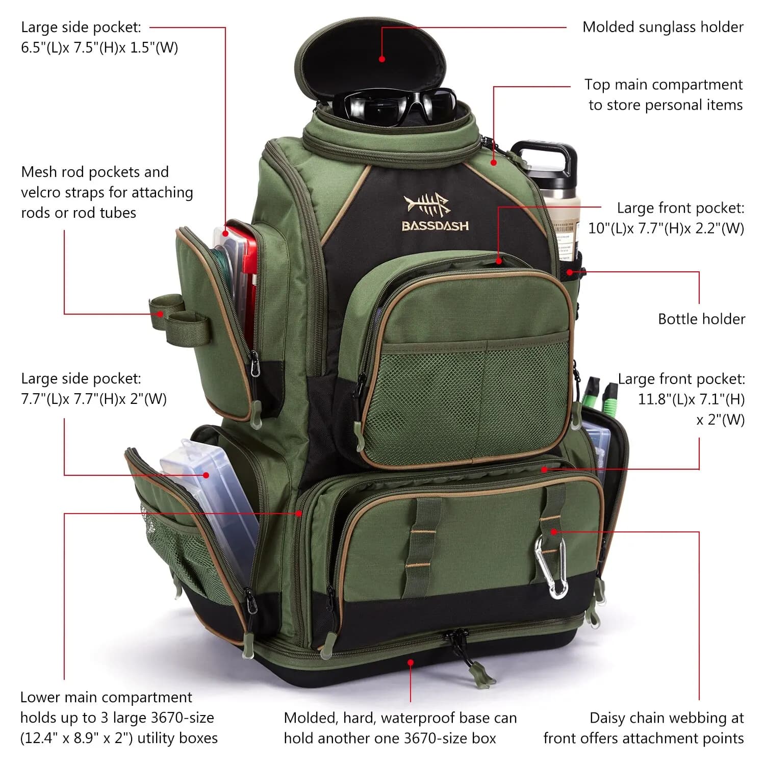 Boîte à pêche souple Bassdash avec protection pluie - Sac à dos tactique multifonction léger
