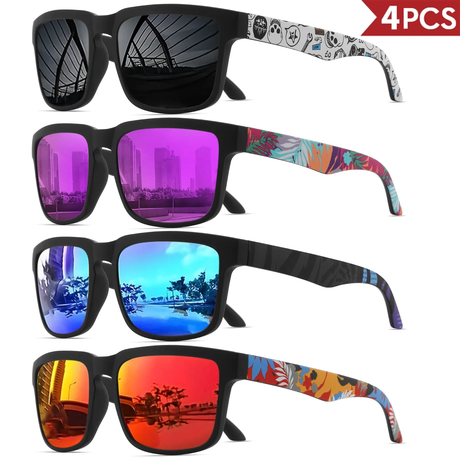 Pack 4 lunettes de pêche carrées UV400 motif design - Équipement groupe pêche plage et vacances