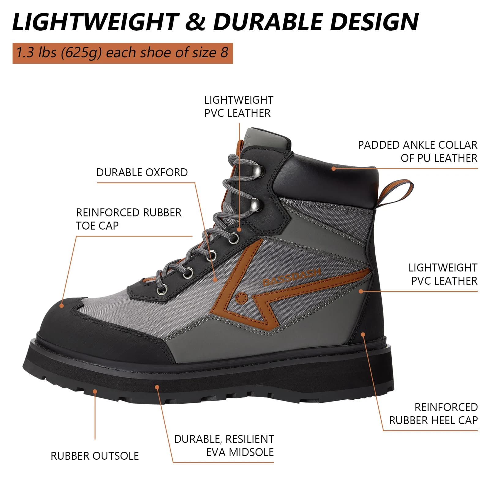 Bottes de pêche wading BASSDASH Flex Homme légères semelle caoutchouc antidérapante chaussures pêche à la mouche