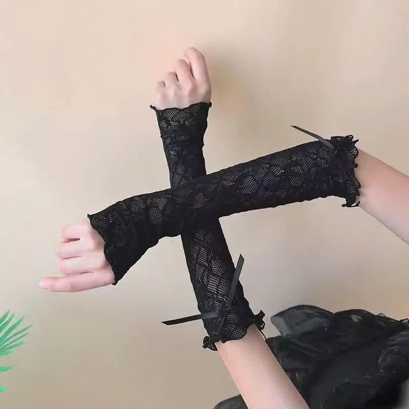 Gants fingerless Y2K dentelle volants mesh fishnet avec nœud papillon noir blanc style JK Lolita