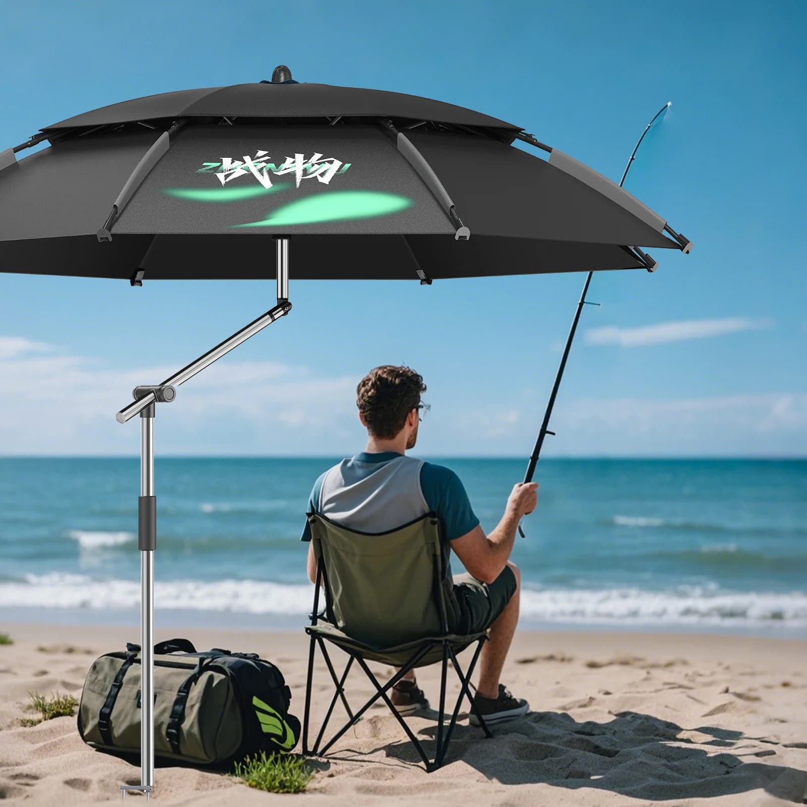 Parapluie de pêche pliable grand format UPF 50+ anti-vent portable réglable durable ombre soleil plage