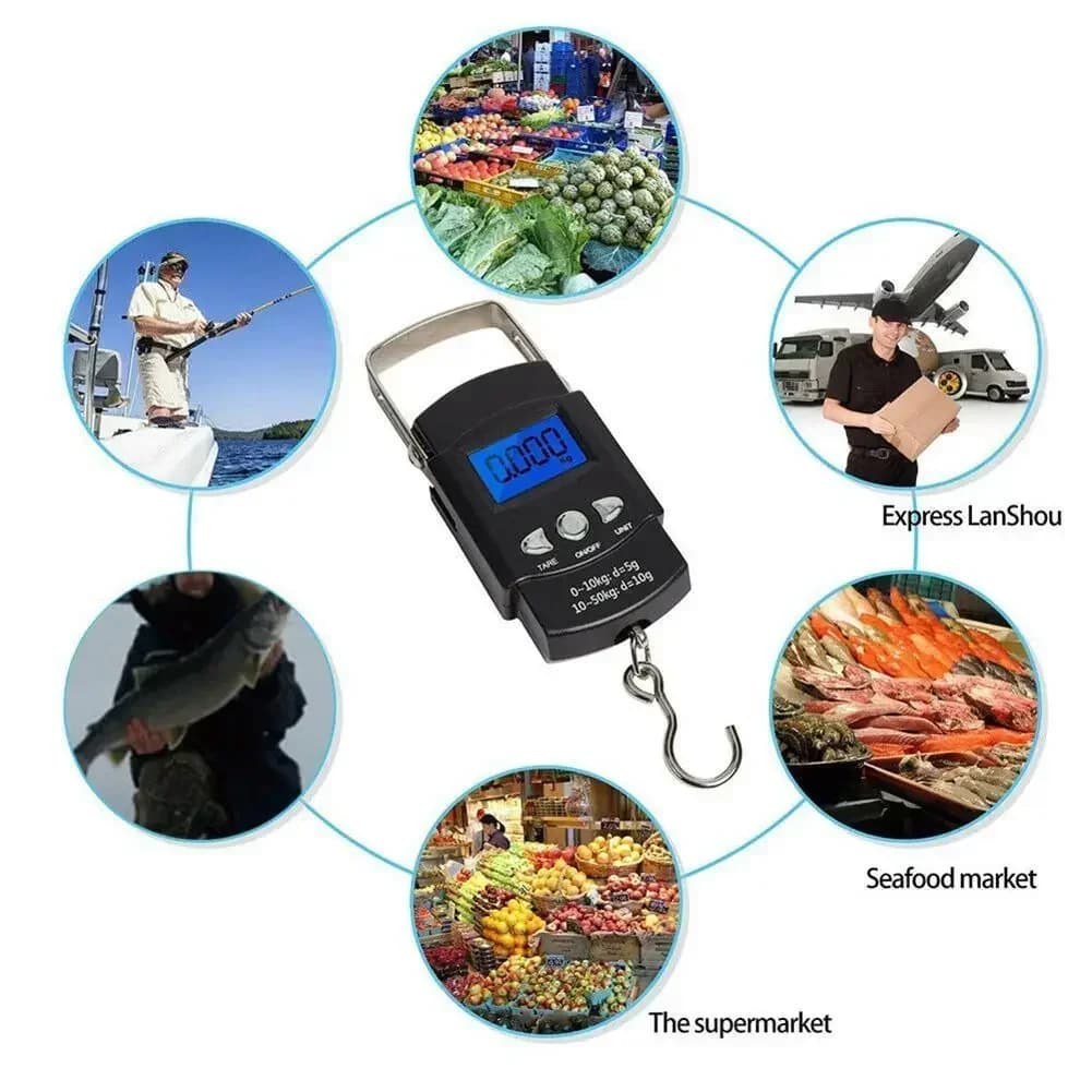 Mini balance numérique pêche 50kg avec mètre ruban - Écran LCD rétroéclairé pour mesures complètes