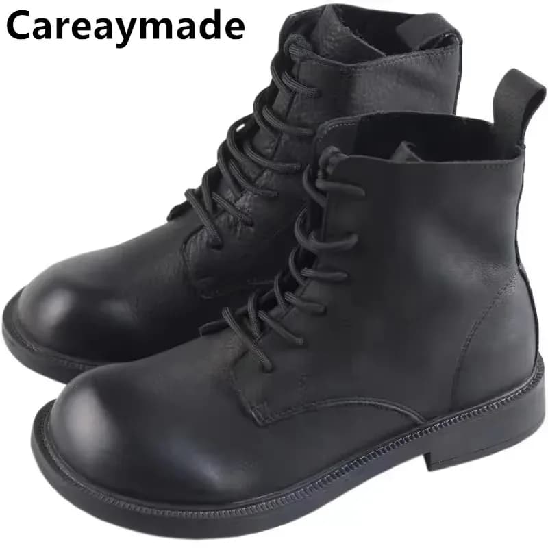 Bottes courtes cuir véritable fait main - Talons plats pêche confort chaud femmes