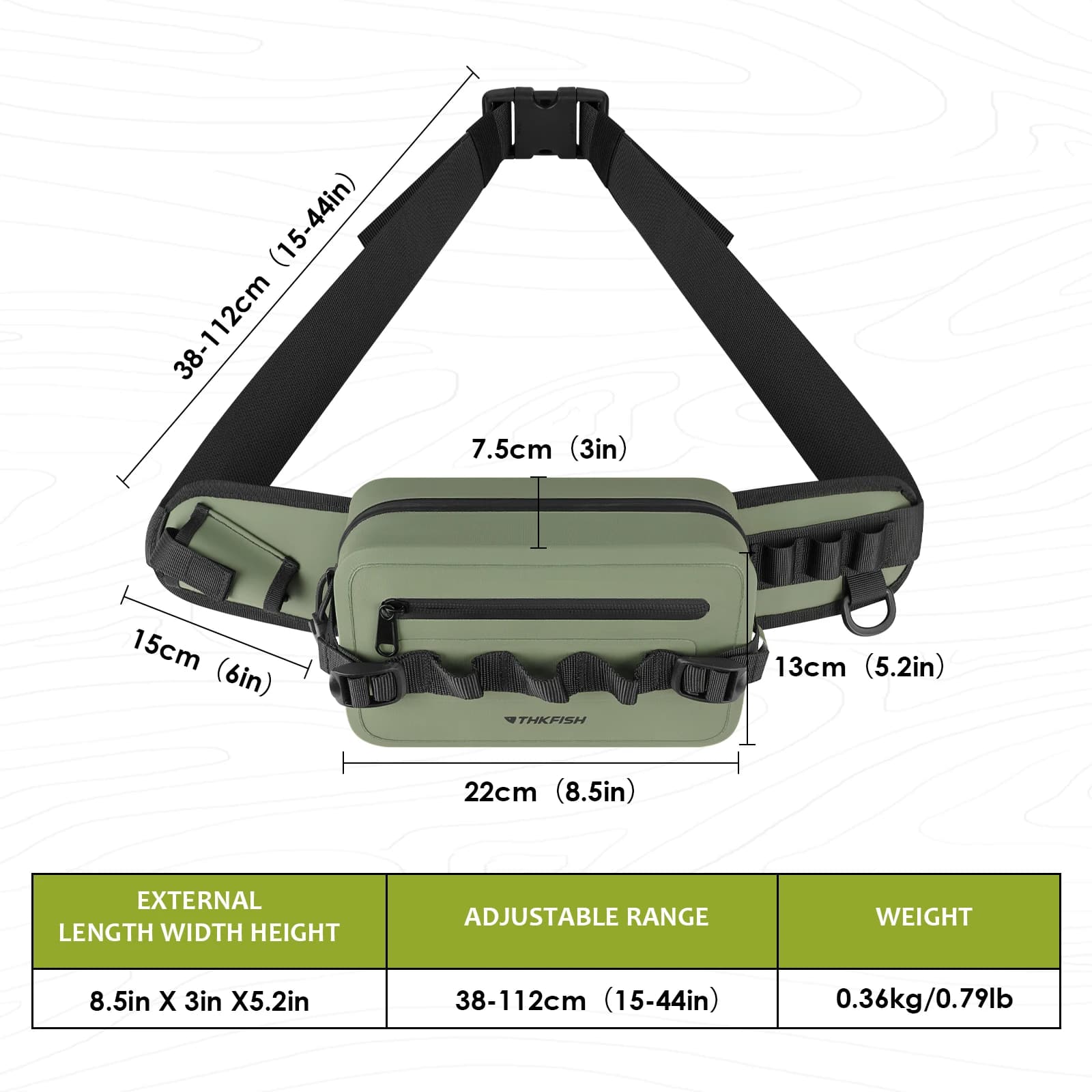 Sac pêche multifonction vert étanche - Sac à dos et ceinture pour rangement leurres et accessoires