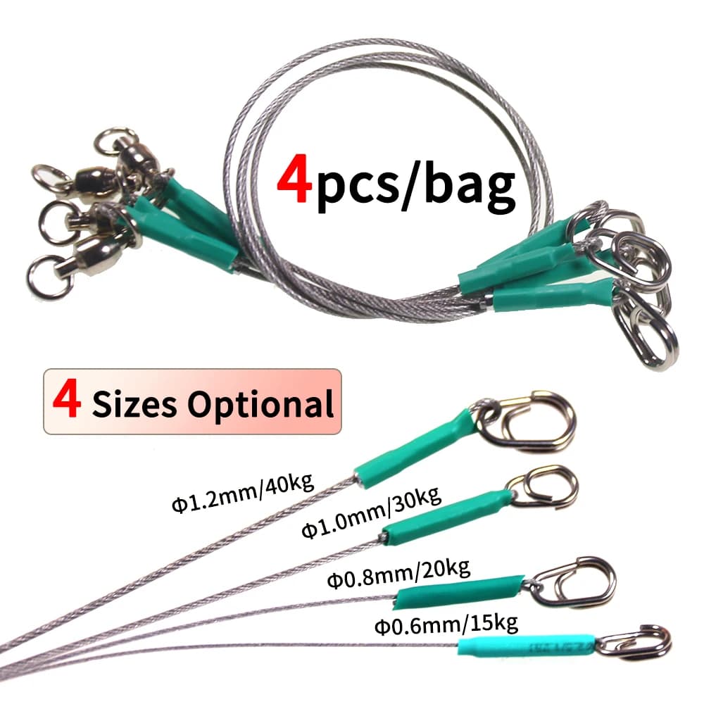 Bas de ligne acier inoxydable 4 tailles avec émerillon - Fil anti-morsure 7x7 brins pour pêche prédatrice