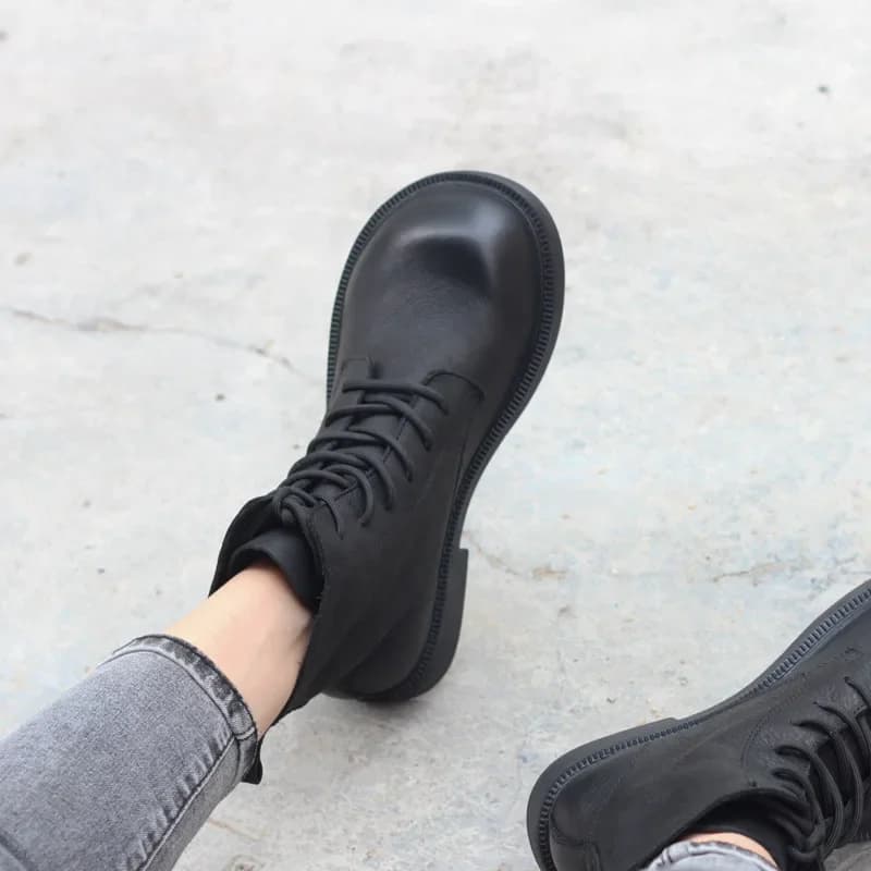 Bottes courtes cuir véritable fait main - Talons plats pêche confort chaud femmes
