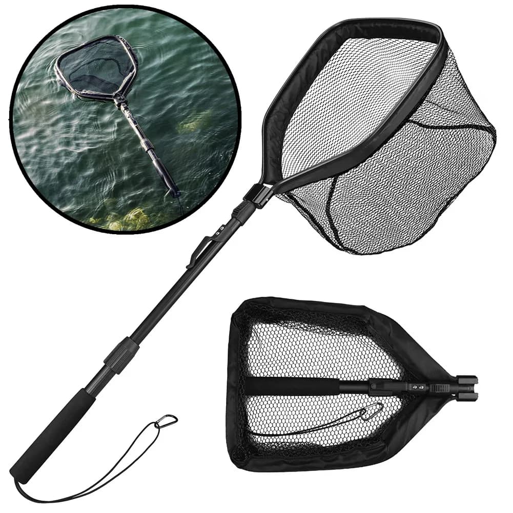 Filet de pêche flottant pliable avec perche télescopique pour eau douce et mer capture facile sans blessure