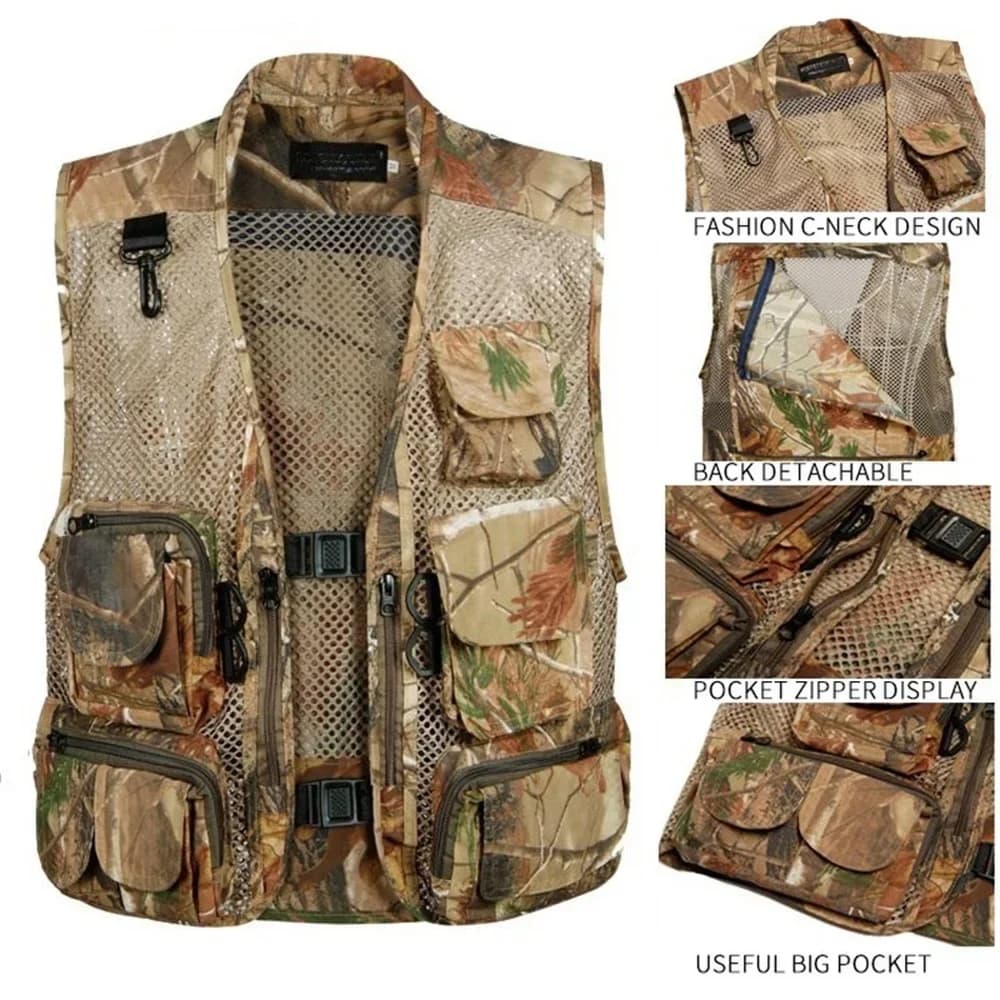 Veste sans manches camouflage vert pêche été pour hommes - Veste mesh respirante multi-poches photographe