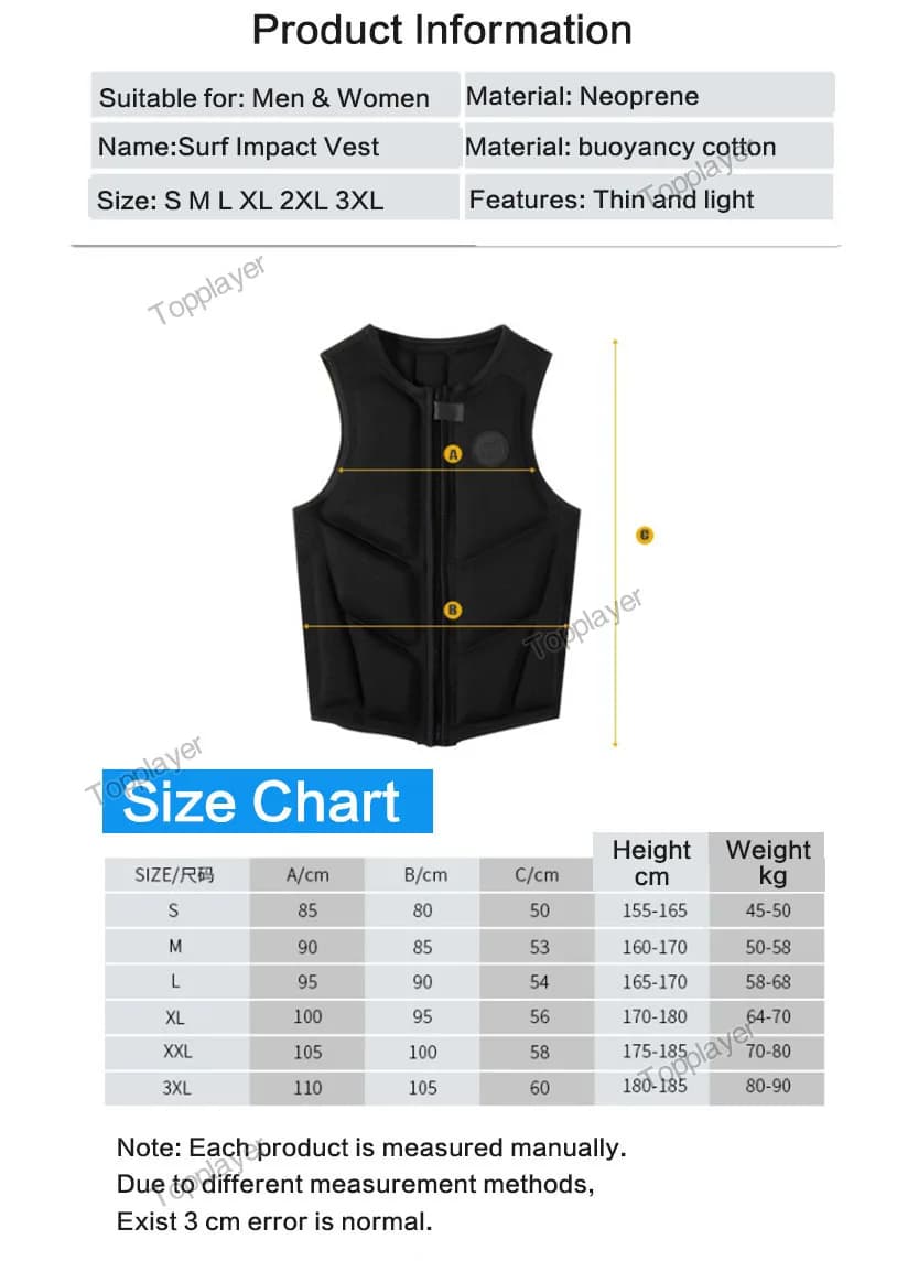 Veste de sécurité CE pour wakesurf adulte, qualité premium en néoprène, impact vest eaux vives