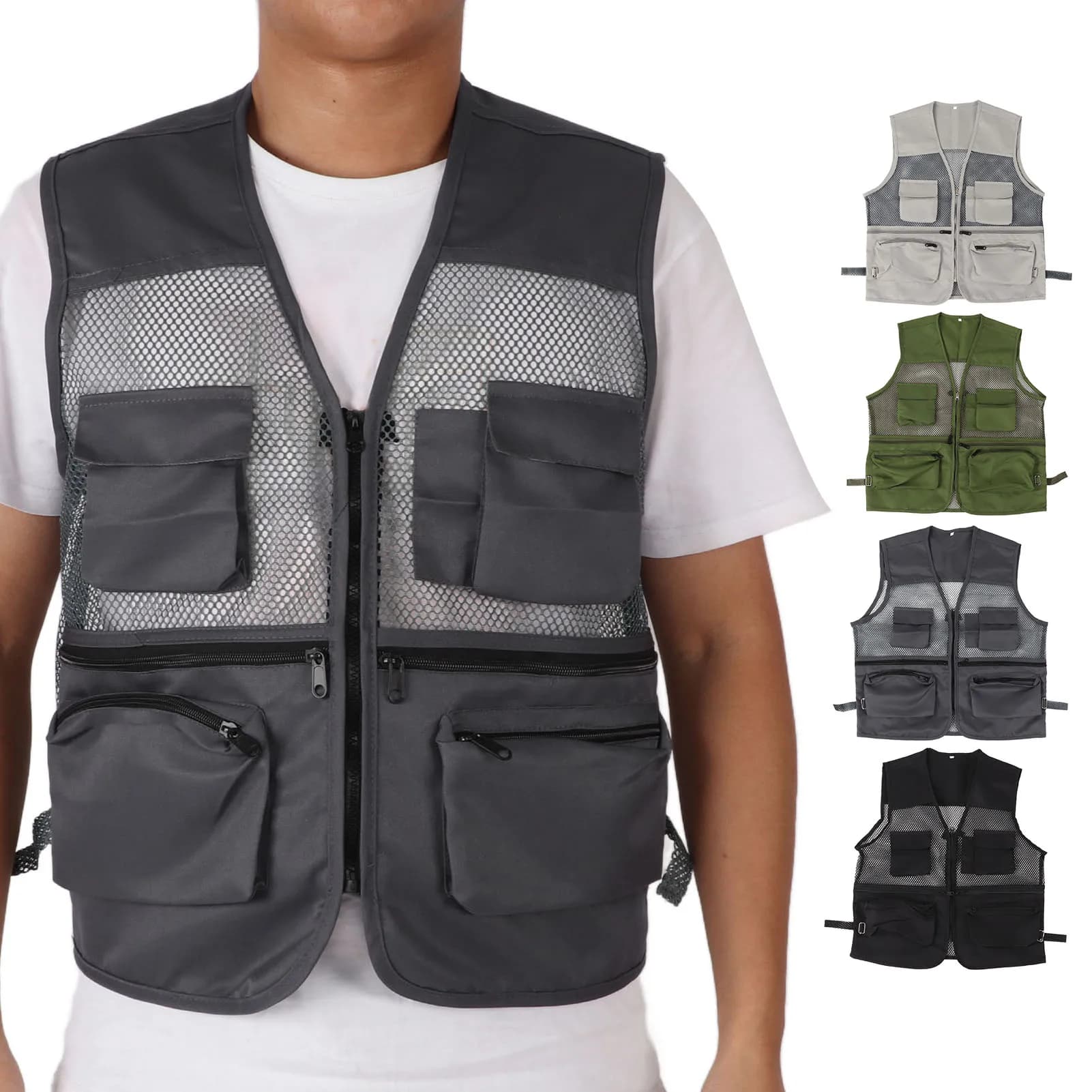 Gilet de pêche respirant multipoches militaire - Veste technique pour activités extérieures et pêche sportive