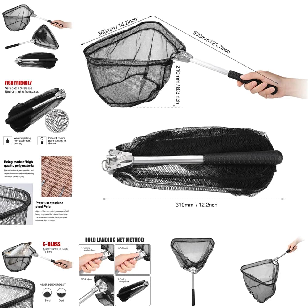 Épuisette pliante télescopique extensible jusqu'à 190cm pour eau douce et mer