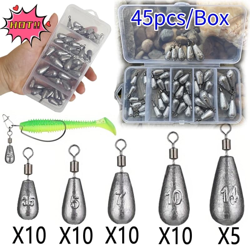 Kit 45 plombs drop shot 3.5g à 14g pour pêche aux leurres et montages carnassiers précis
