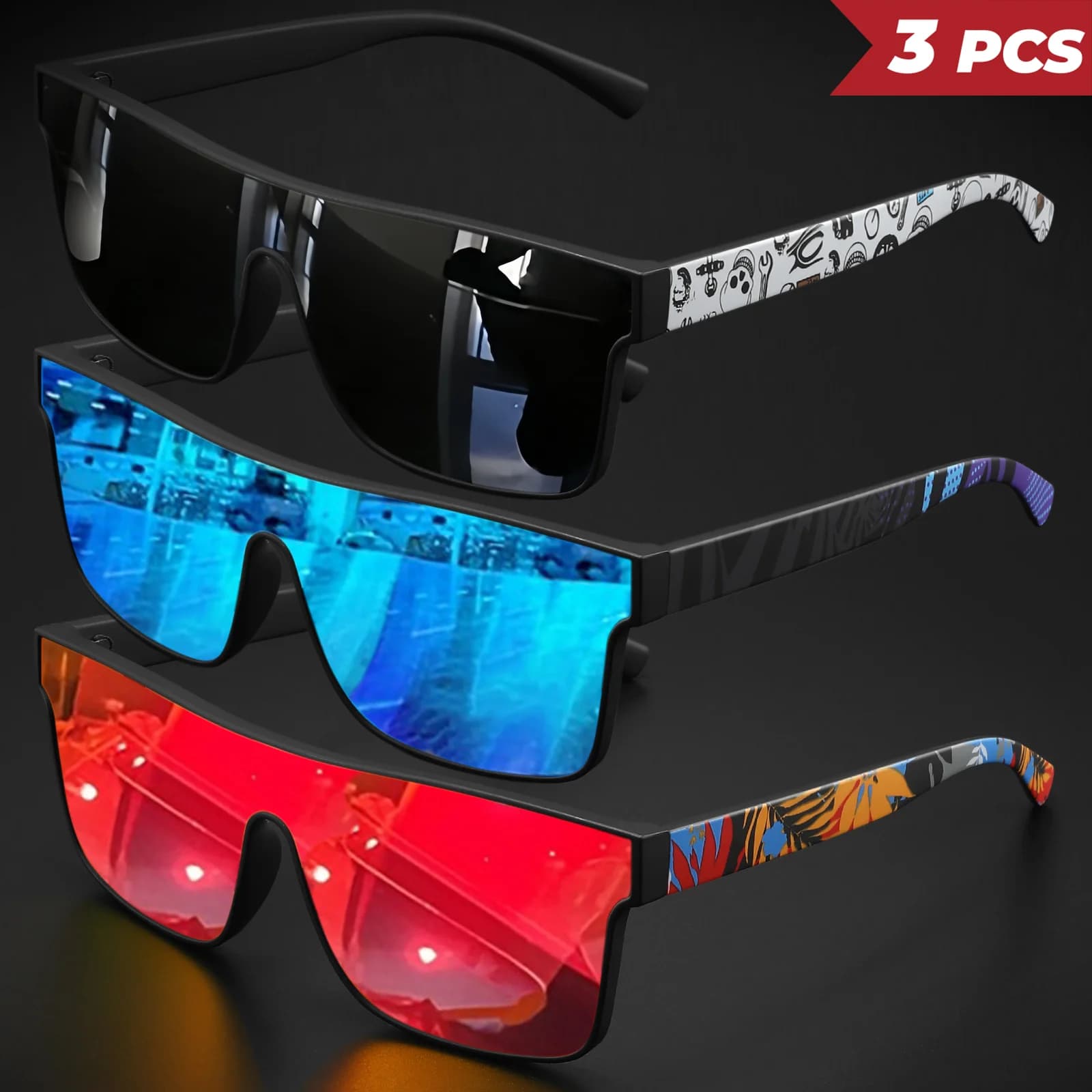 Lunettes de sport colorées 3 pièces UV400 - Verre unique, branches design pour vélo, randonnée, plage