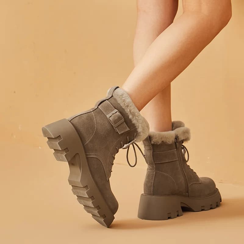 Bottes hiver cuir daim femmes semelle épaisse zip latéral fourrure chaude plateforme pêche artisanales