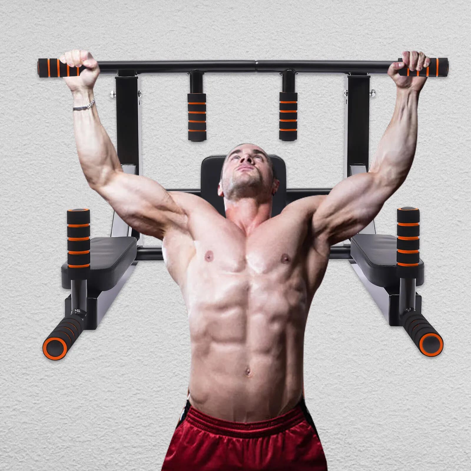 Station dips murale multifonction 200kg - Barre de traction et dips - Équipement fitness maison complet