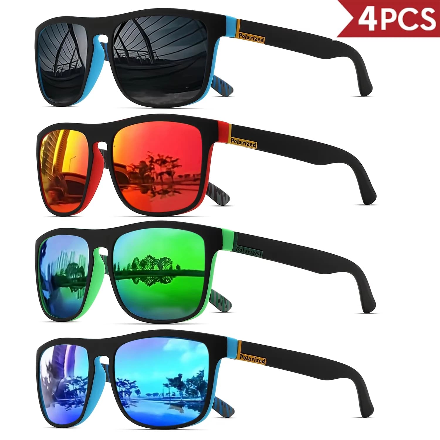 Pack lunettes sport carrées polarisées PC UV400 pêche - Légèreté unisexe 1-4PCS durabilité