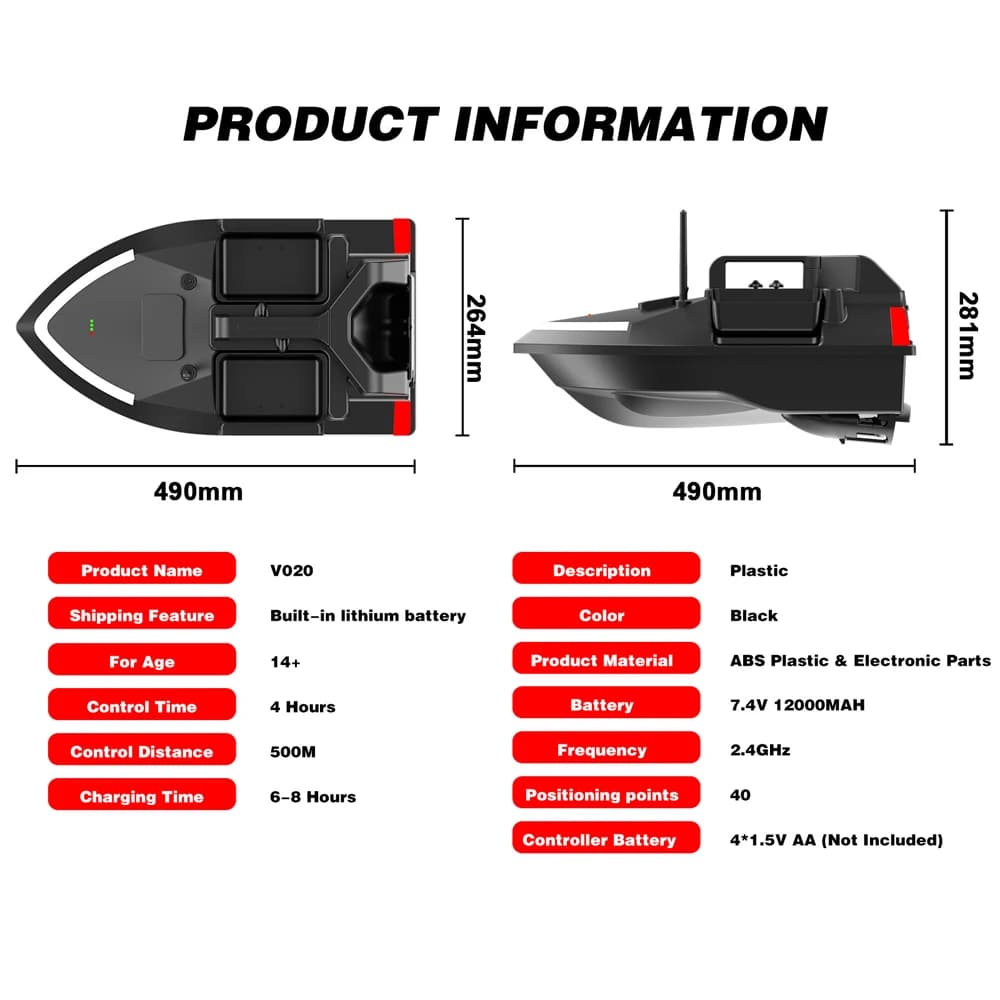 Bateau appât télécommandé GPS V020 500m avec sondeur poissons, double moteur et fonctions automatiques