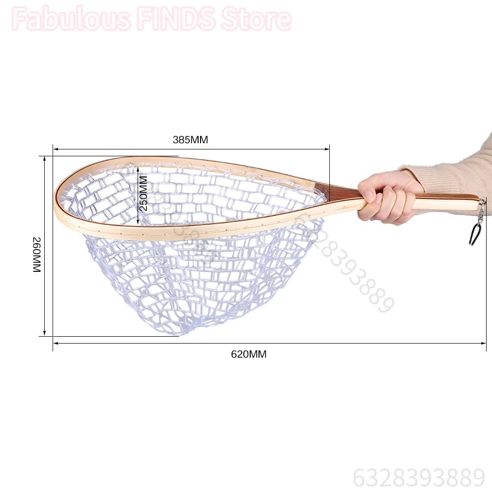 Fly Fishing Landing Nets Wooden Handle Transparent Rubber/Nylon Mesh Trout Mesh