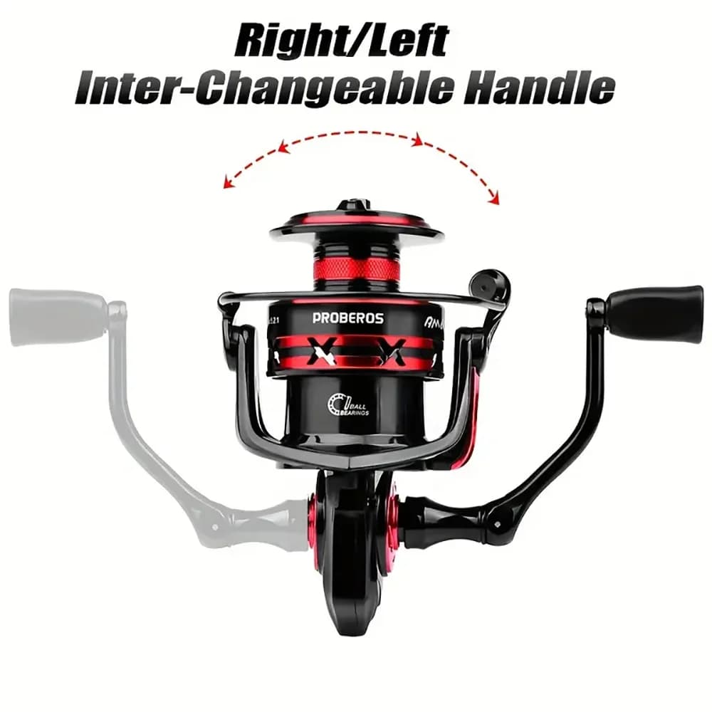 Moulinet de pêche spinning PROBEROS 5.2:1 ratio 1000 à 6000 frein max 9kg bobine métal accessoires