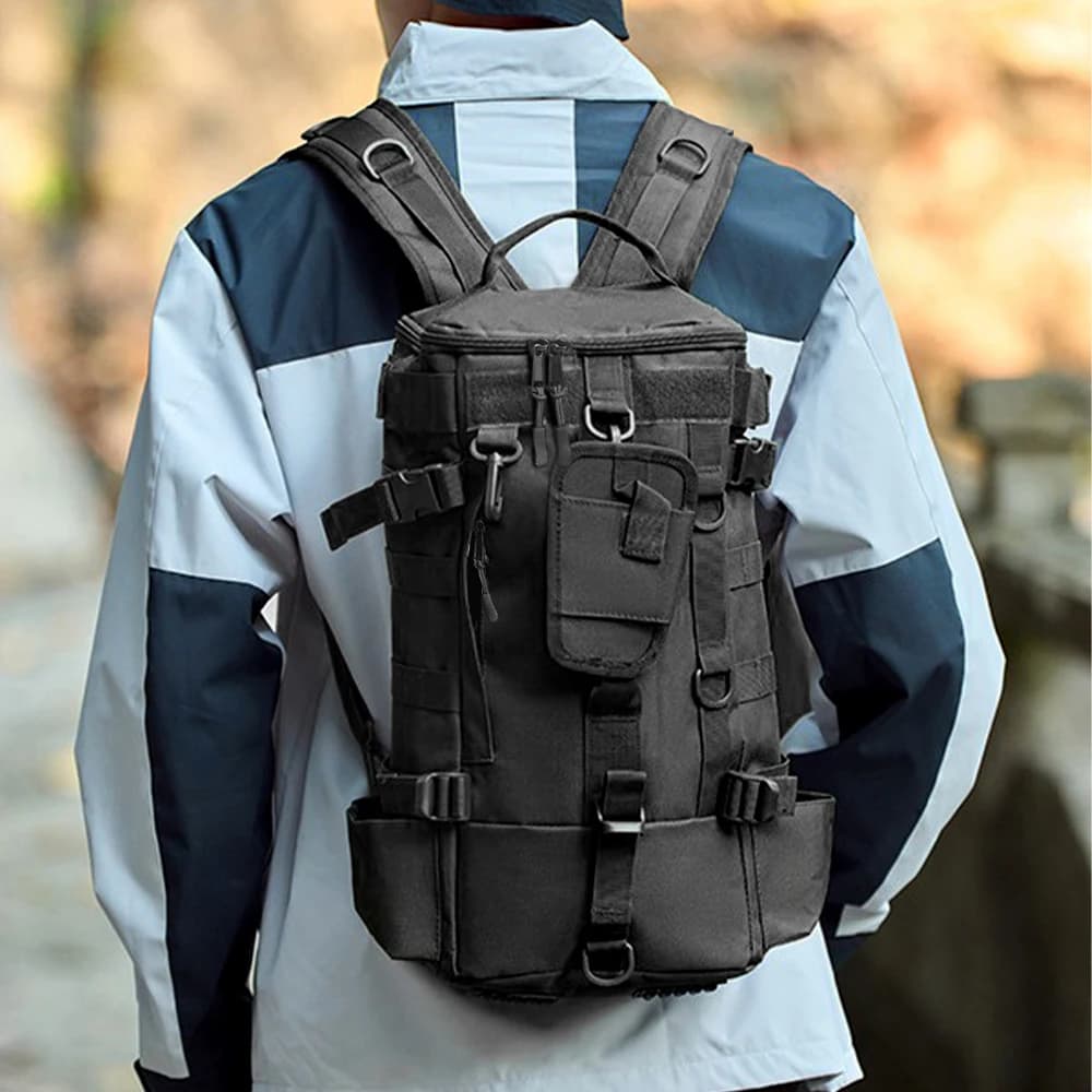 Sac à dos tactique de pêche avec MOLLE - Équipement de pêche et outdoor multifonction avec porte-cannes