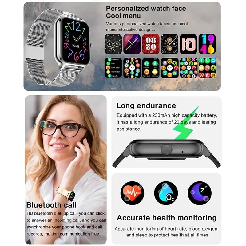 Smartwatch 2025 écran tactile 2.01 pouces suivi rythme cardiaque étanche appels Bluetooth sport Android iOS homme femme