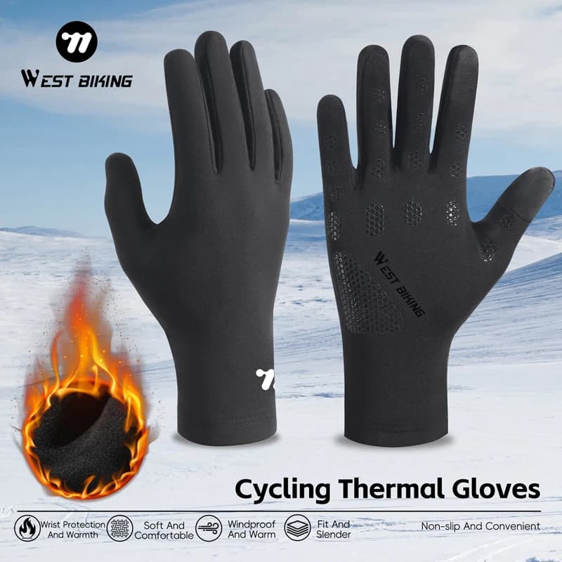 Gants vélo hiver WEST BIKING thermiques polaire coupe-vent tactiles écran équipement cyclisme extérieur