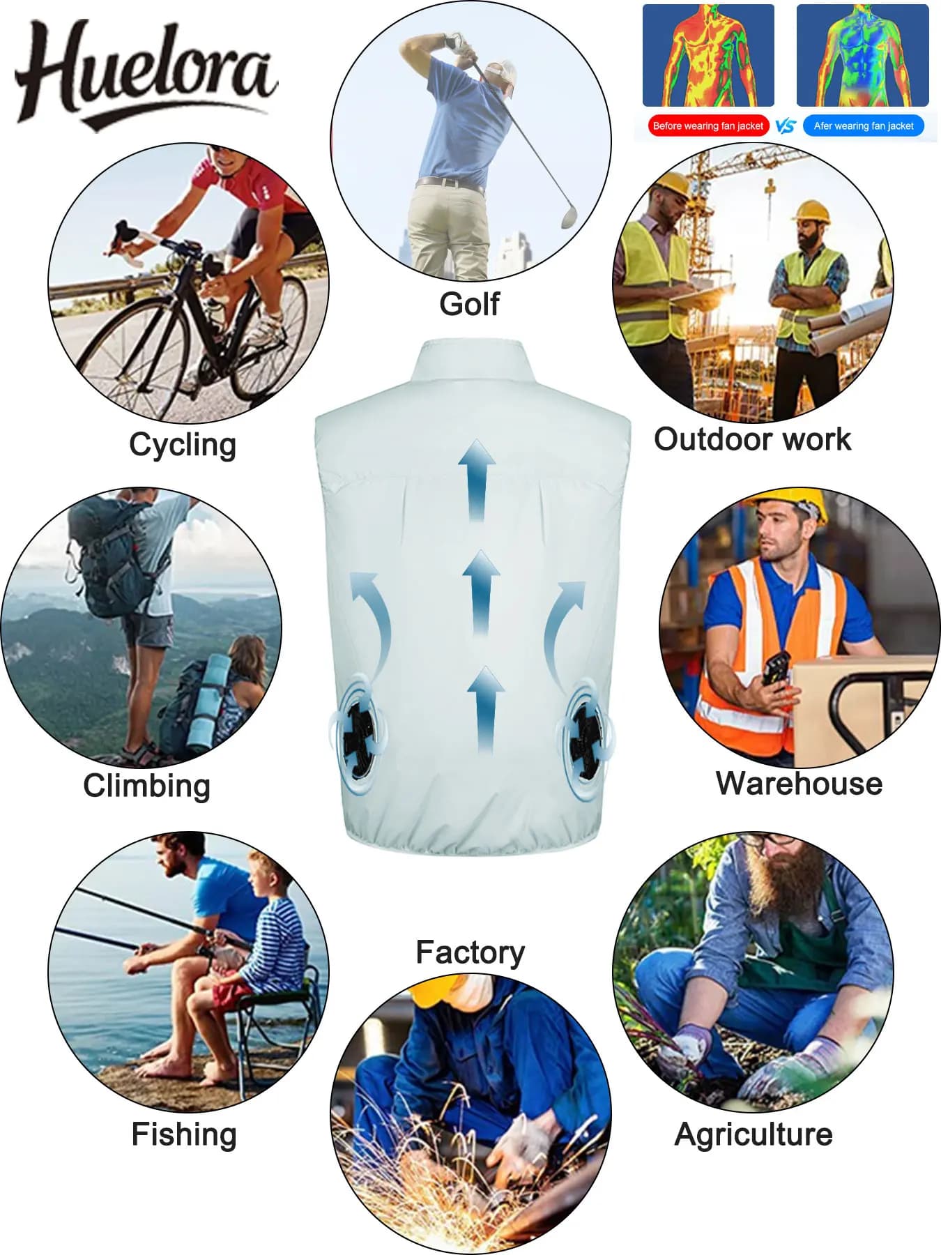 Gilet rafraîchissant été ventilateur USB pêche travail haute température veste climatisation sans manches