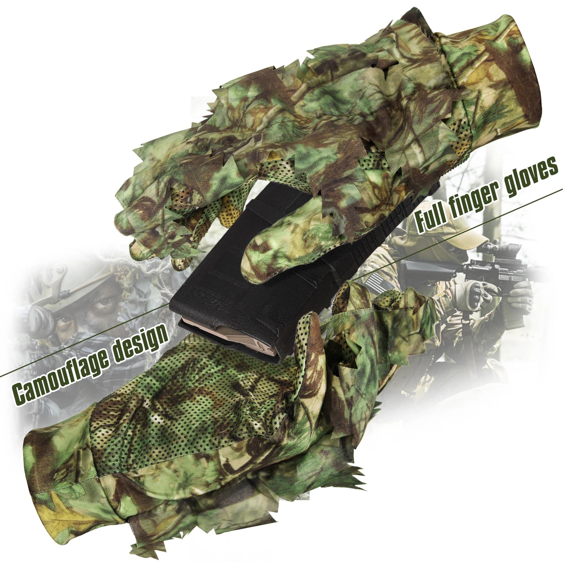 Gants camouflage 3D feuilles GUGULUZA doigts complets confortable antidérapant durable chasse pêche