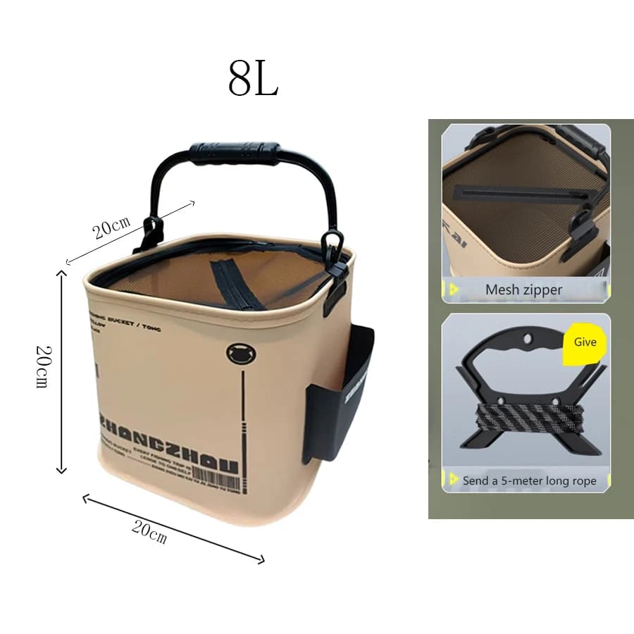 Seau de pêche pliable EVA portable avec filet et corde pour la pêche en extérieur et maison
