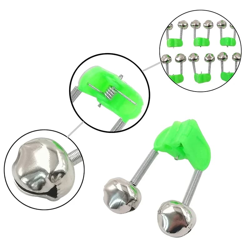 Alarme de touche pêche 5 pièces OUTKIT - Cloches ABS vertes avec pince métallique pour canne