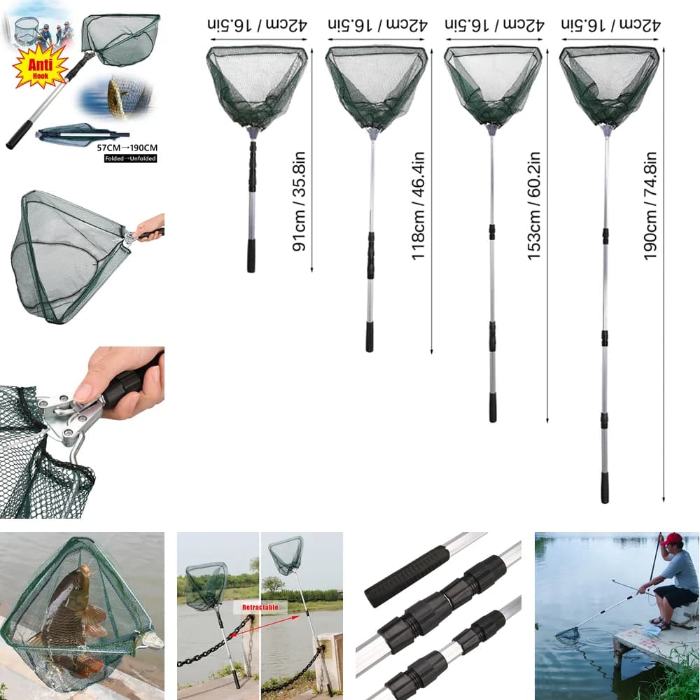 Épuisette pliante télescopique extensible jusqu'à 190cm pour eau douce et mer