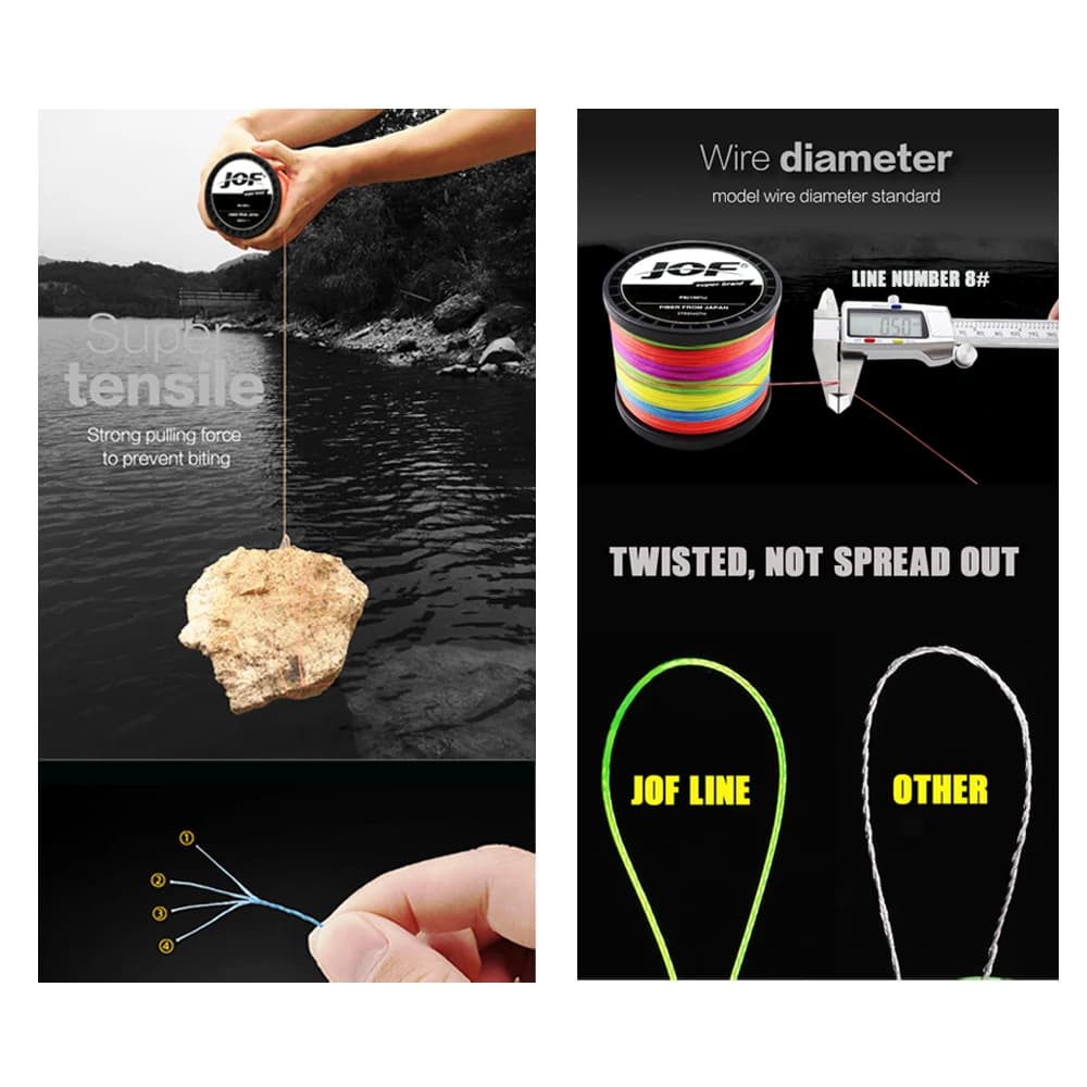 Ligne de pêche tresse JOF PE X4 résistante à l'abrasion, fil fin et durable pour pêche