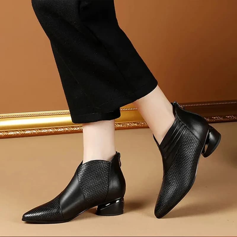 Bottes cheville cuir luxe femmes bout pointu 2024 talon bas bureau automne chaussures pêche
