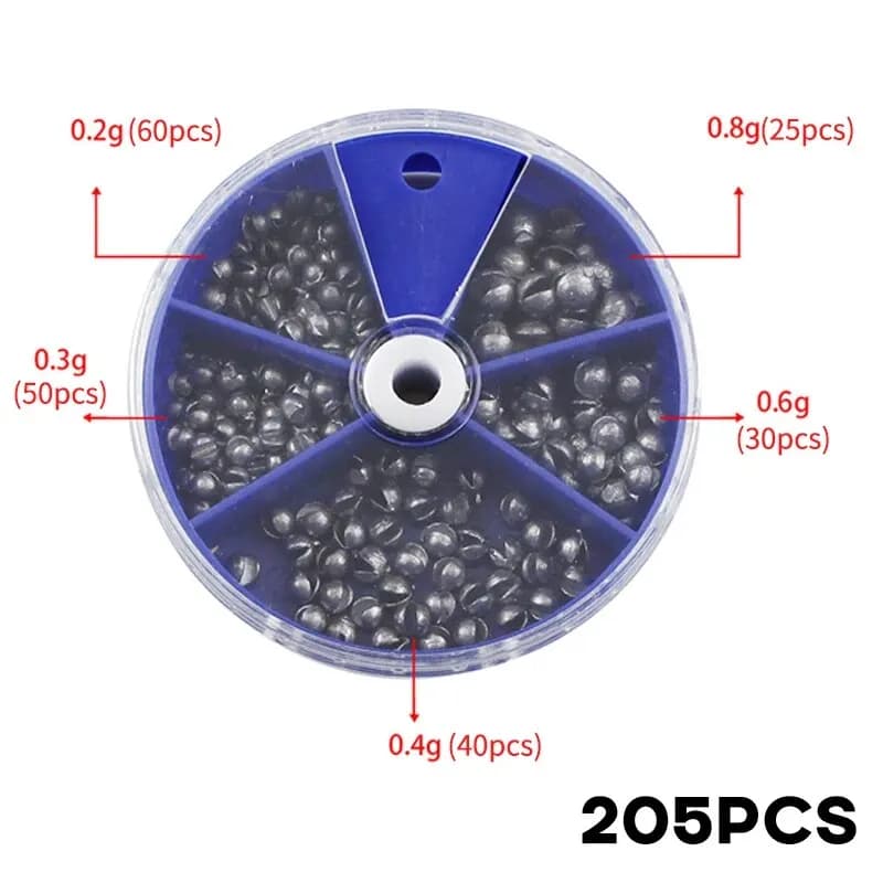 Plombs pêche 205 pièces avec boîte rangement - plombs ouverts 0.2g à 0.8g pour casting et eau profonde
