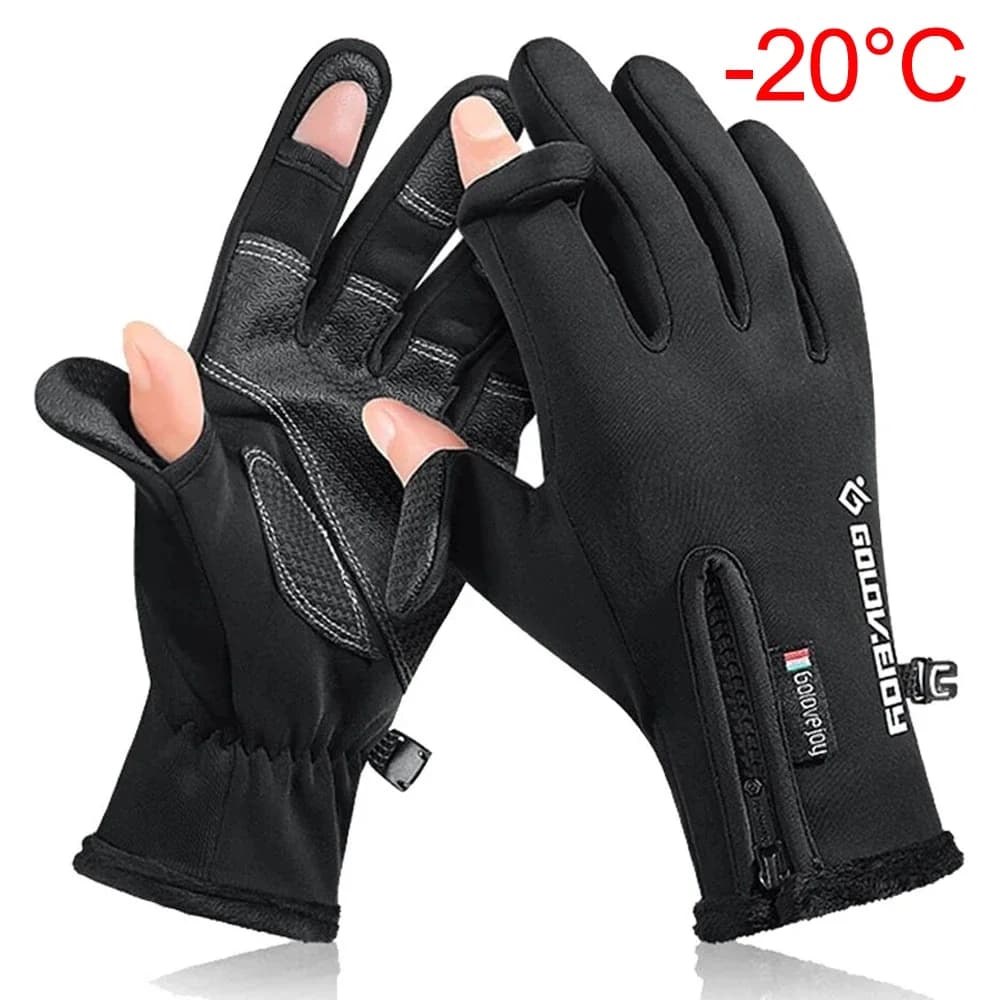 Gants de pêche hiver imperméables 2 doigts avec velours chaud pour hommes et femmes pêcheurs