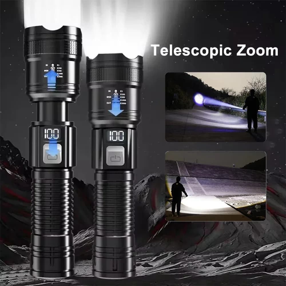 Lampe torche tactique 300000LM avec écran LED rechargeable USB pour défense, pêche et camping