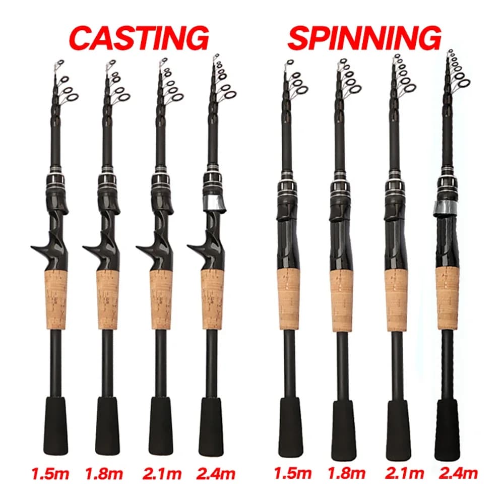 Canne télescopique pêche leurres carbone 1.5m à 2.4m casting 8-25g manche bois pour pêche en déplacement