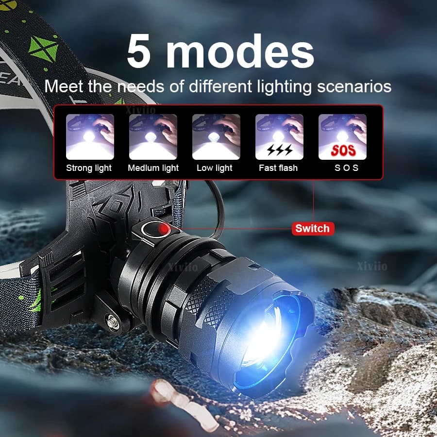Lampe frontale 450000000LM ultra puissante portée 3000m rechargeable pour pêche et chasse nocturne