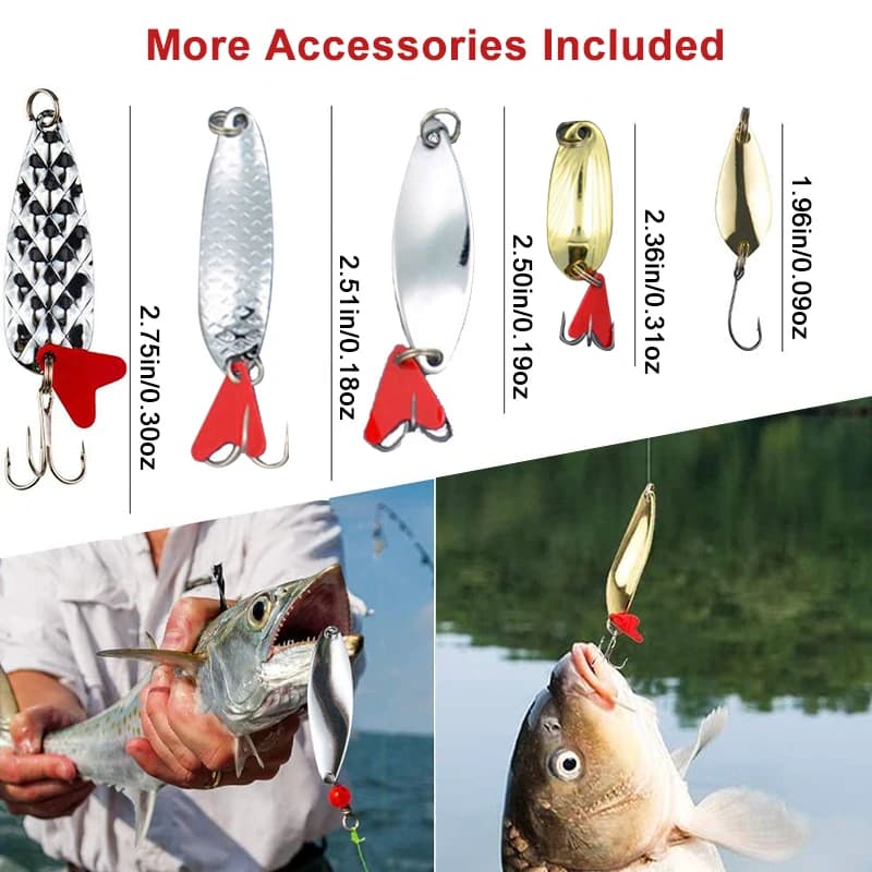 Kit de pêche avec boîte de rangement : 10 leurres métalliques cuillères spinner dorés et argentés pour carnassiers