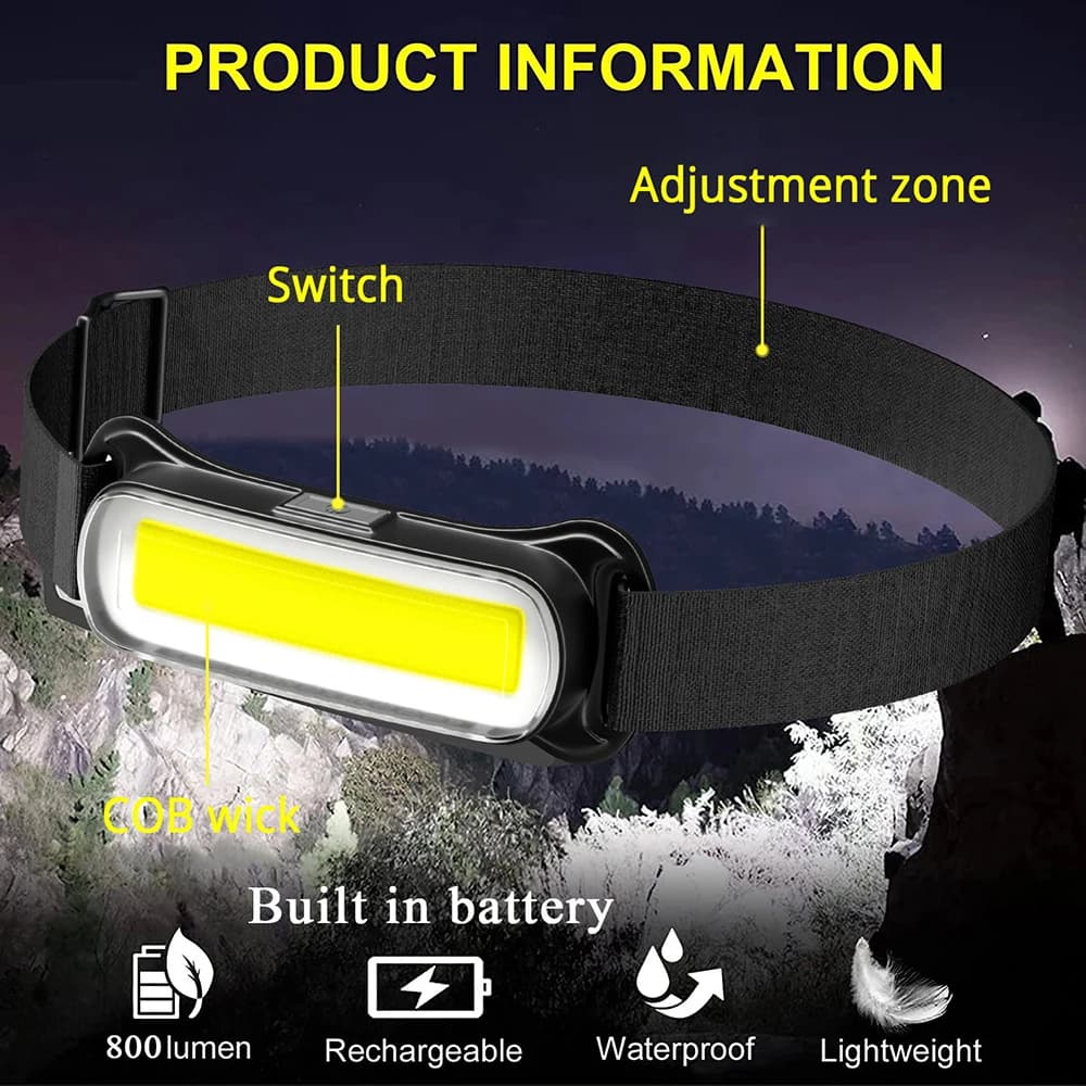Lampe frontale LED rechargeable USB 3 modes pêche camping étanche torche frontale portable