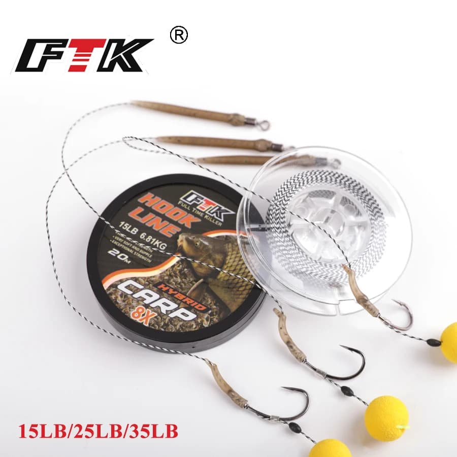 Ligne Carp Fishing FTK 20m 15/25/35LB pour hair rig - Tressée non gainée souple pour pêche carpe