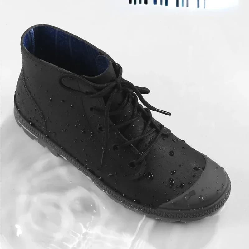Bottes de pluie pêche hiver homme lacets cheville - Chaussures camping imperméables non-dérapantes extérieur