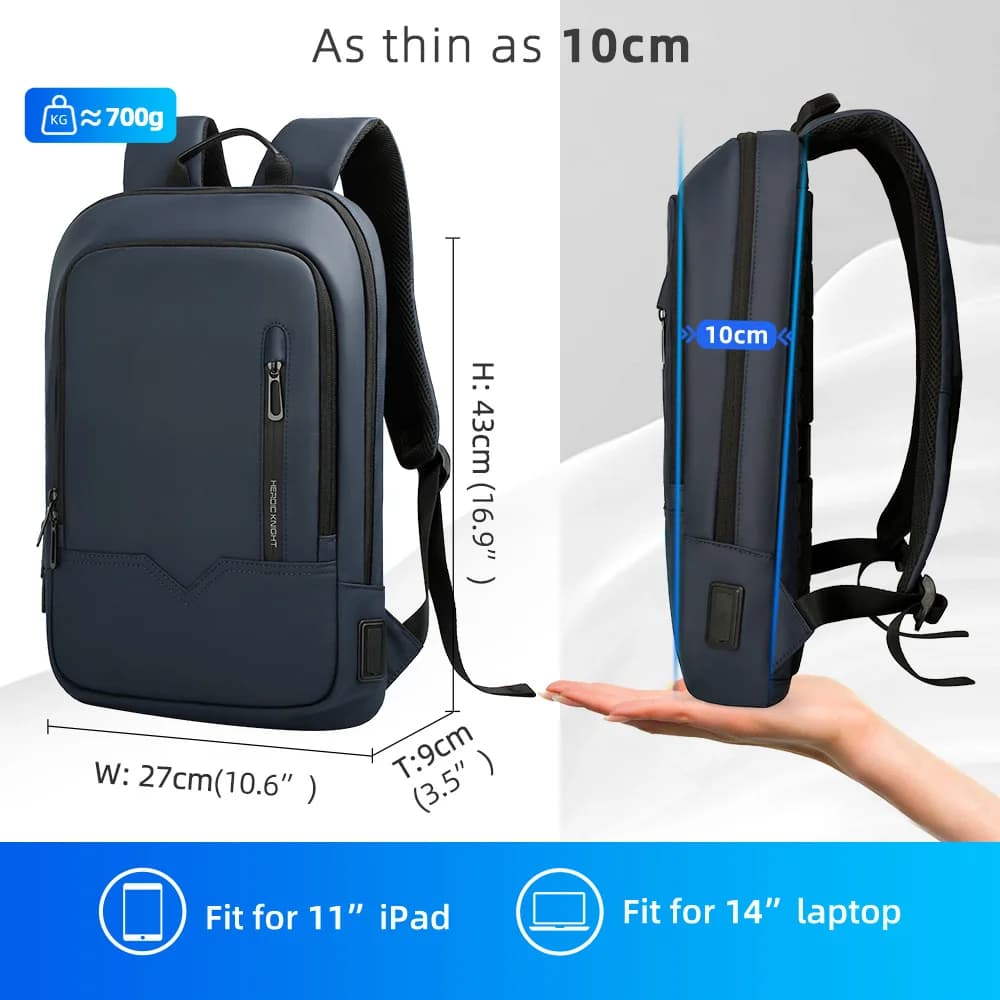 Sac à dos HK mince homme 15,6 pouces étanche - Business voyage travail USB charge minimaliste casual