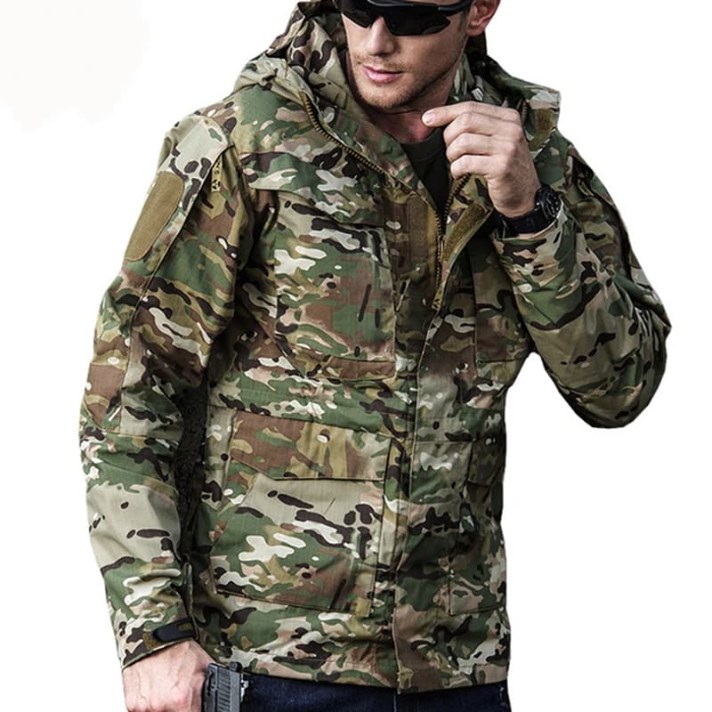 Veste de pêche M65 tactique automne - Imperméable à capuche multi-poches camouflage