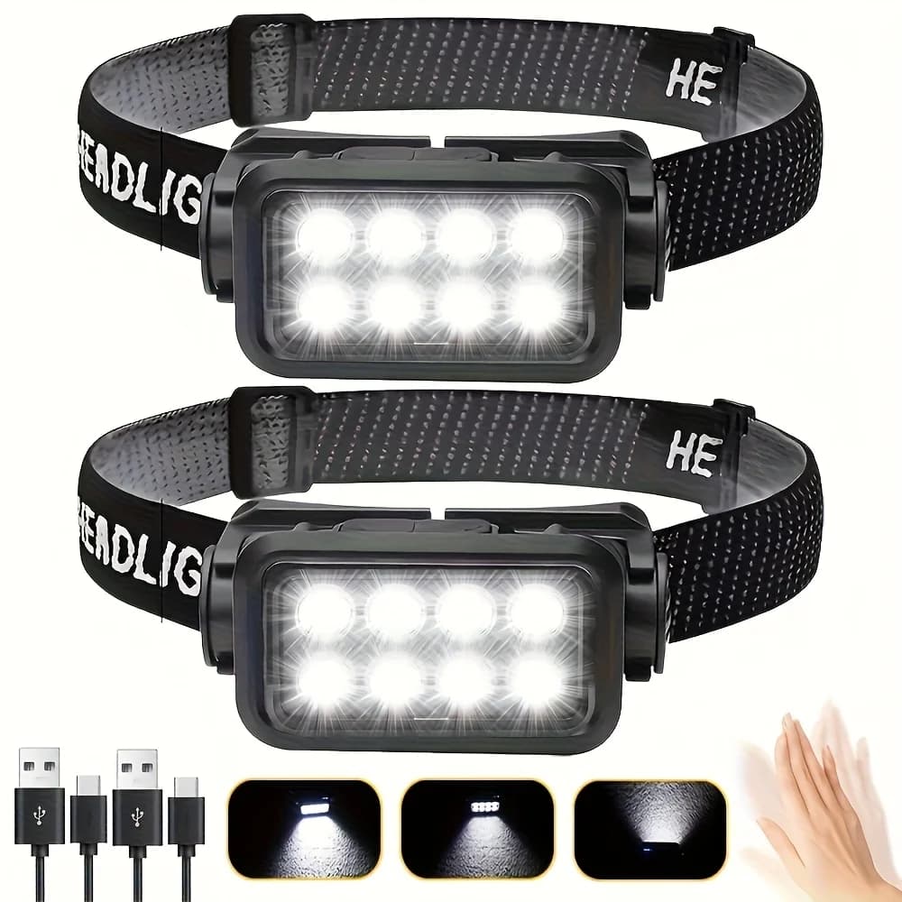 Lampe frontale rechargeable détecteur de mouvement pour pêche nocturne, 8 LEDs ultra-légère et puissante