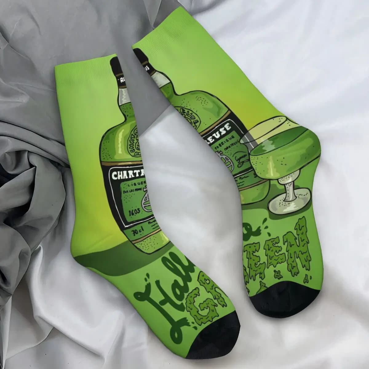 Chaussettes Chartreuse Vert Peinture à l'Huille Liqueur Française Drôle Cadeau Original Antidérapantes