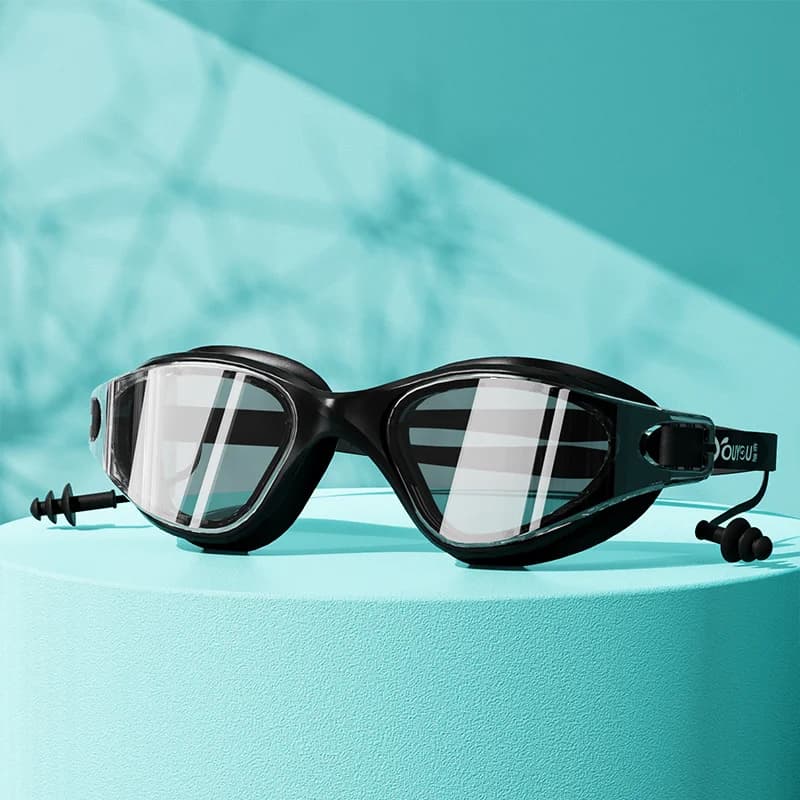 Lunettes de natation HD anti-buée avec bouchons d'oreilles adultes étanches ajustables silicone protection