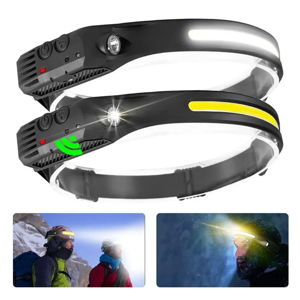 Lampe frontale pêche COB LED 5 modes capteur main rechargeable USB pour travail camping et pêche