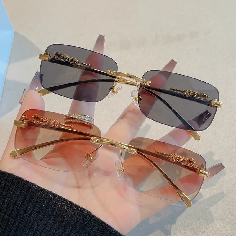 Lunettes de soleil rectangulaires sans monture 12 pièces - Style Y2K léopard unisexe UV400 pour pêche
