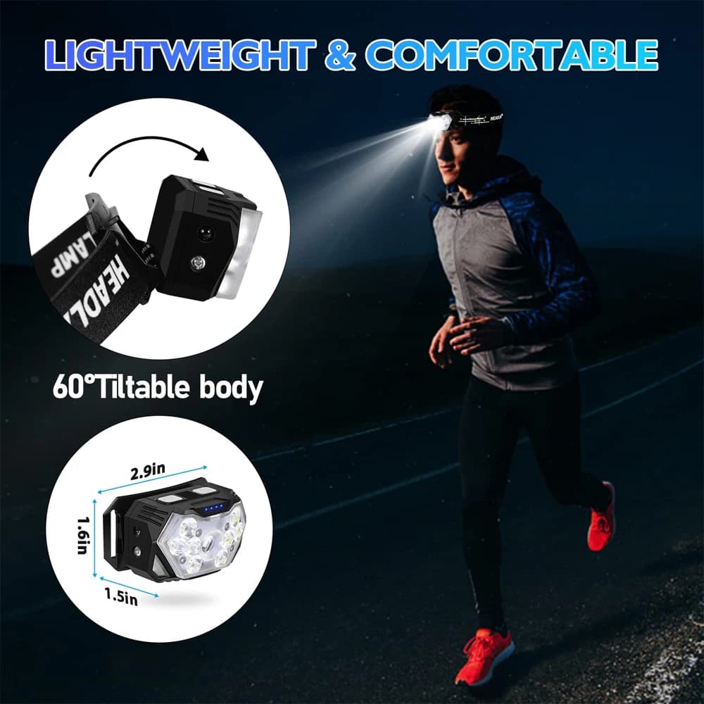 Lampe frontale 9 LED puissante rechargeable USB détecteur mouvement pour pêche camping